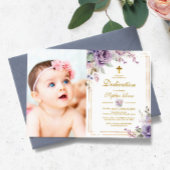 Purple Blumen & Gold Frame Foto Girl Dedication Einladung