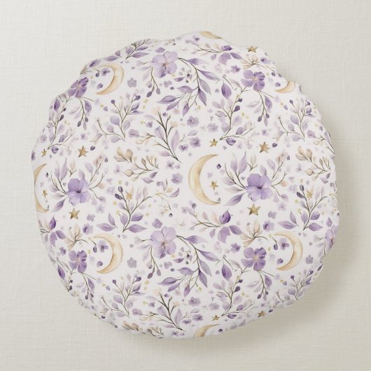 Purple Blumen Gold Stars Moons Rundes Kissen (Rückseite)