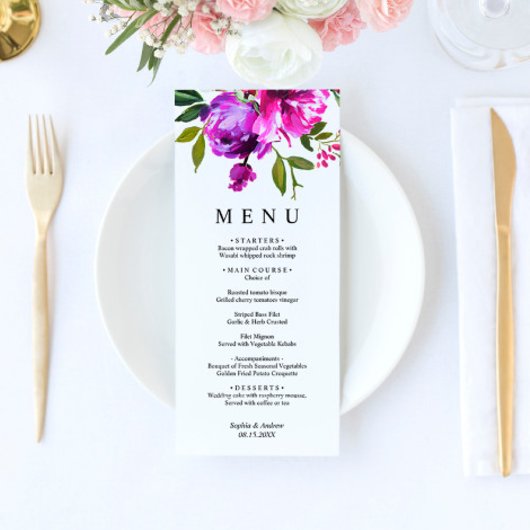Purple Blumen & Greenery Leves Blumenzehen Menükarte