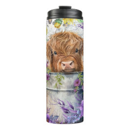 Purple Blumen mit Highland Cow Thermosbecher