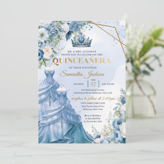 Purple Blumen Twin Princess Dress Quinceañera Einladung (Stehend Vorderseite)