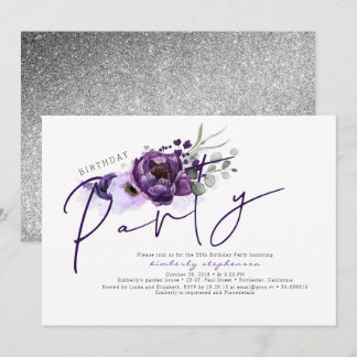 Purple Blumen und Silver Glitzer Geburtstagsparty Einladung