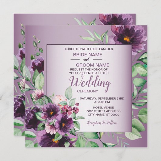 Purple Blush Floral Geometric Greenery Wedding Einladung (Vorne/Hinten)