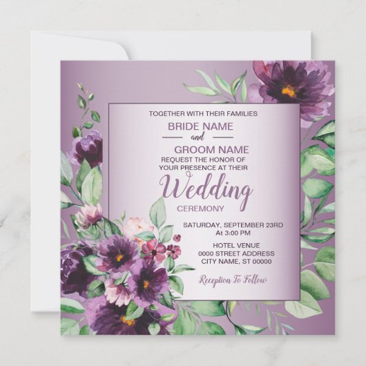 Purple Blush Floral Geometric Greenery Wedding Einladung (Vorderseite)