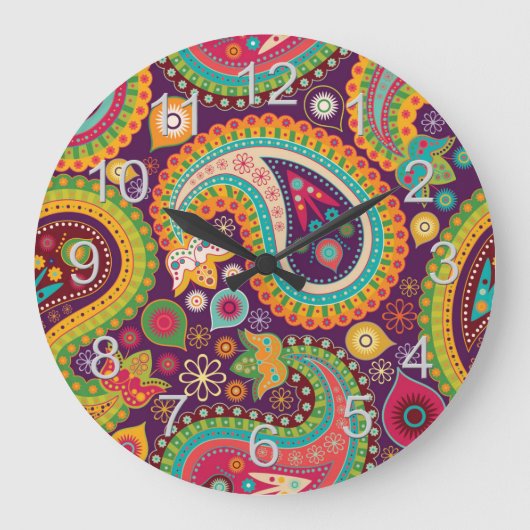 Purple Boho Paisley Große Wanduhr (Vorderseite)