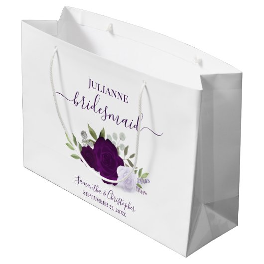 Purple Boho Watercolor Roses Wedding Bridesmaid Große Geschenktüte (Rückseite Schrägansicht)