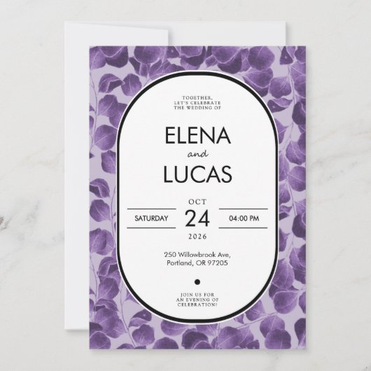 Purple Botanical Eucalyptus Wedding Invitation Einladung (Vorderseite)