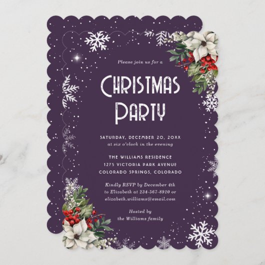 Purple Botanical Snowflake Christmas Party Einladung (Vorne/Hinten)