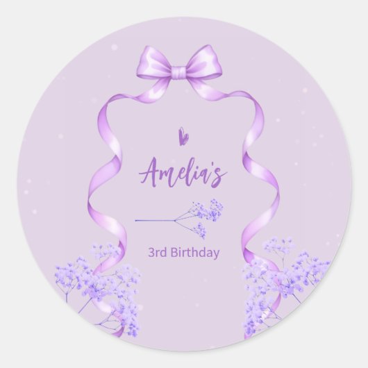 Purple Bow Birthday Any Age Runder Aufkleber (Vorderseite)