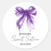 Purple Bow Coquette Script Sweet 16 Party  Runder Aufkleber (Vorderseite)