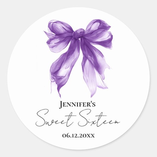 Purple Bow Coquette Script Sweet 16 Party  Runder Aufkleber (Vorderseite)