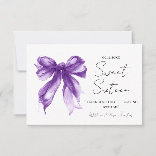 Purple Bow Coquette Script Sweet 16 Thank You  Dankeskarte (Vorderseite)