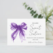 Purple Bow Coquette Script Sweet 16 Thank You  Dankeskarte (Stehend Vorderseite)