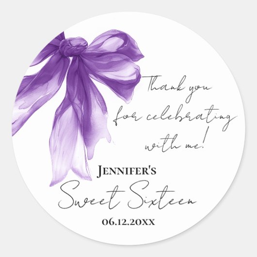 Purple Bow Coquette Script Sweet 16 Thank You  Runder Aufkleber (Vorderseite)