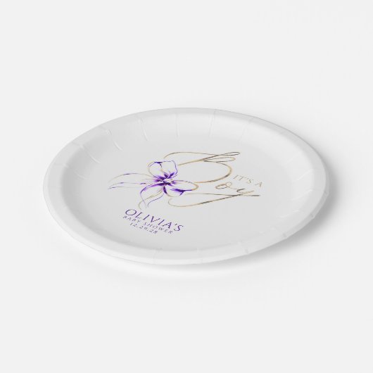 Purple Bow It's a Boy Baby Shower Pappteller (Schrägansicht)