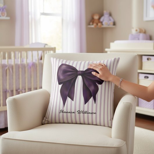 Purple Bow Stripe Personalized Throw Pillow Kissen