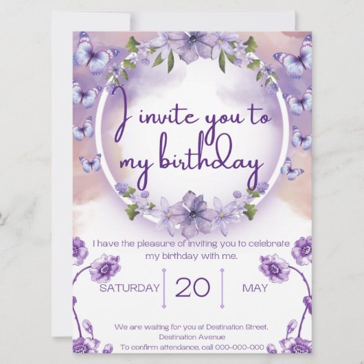 Purple butterflies birthday invitation (Vorderseite)