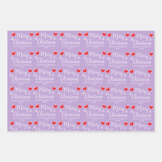 Purple Christmas Elegant Snowflake Heart Pattern Geschenkpapier Set (Vorderseite 3)