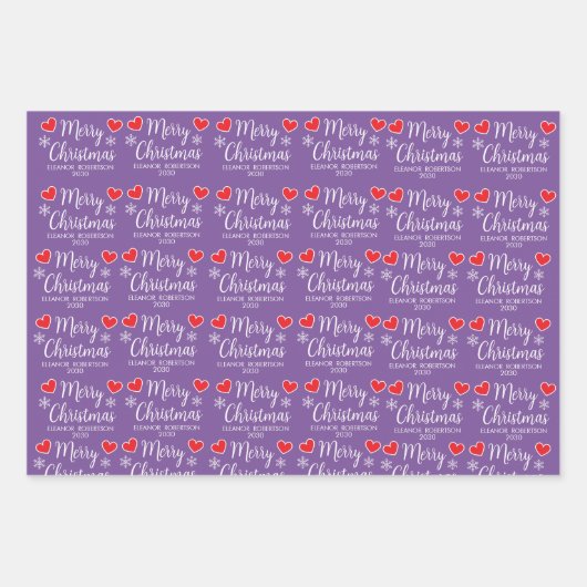 Purple Christmas Elegant Snowflake Heart Pattern Geschenkpapier Set (Vorderseite 2)