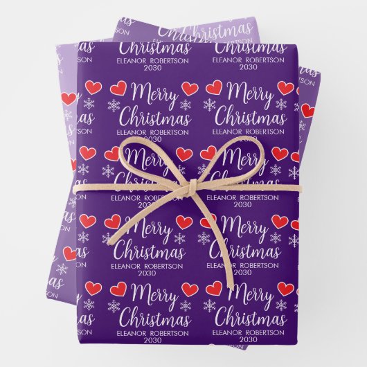 Purple Christmas Elegant Snowflake Heart Pattern Geschenkpapier Set (Beispiel)