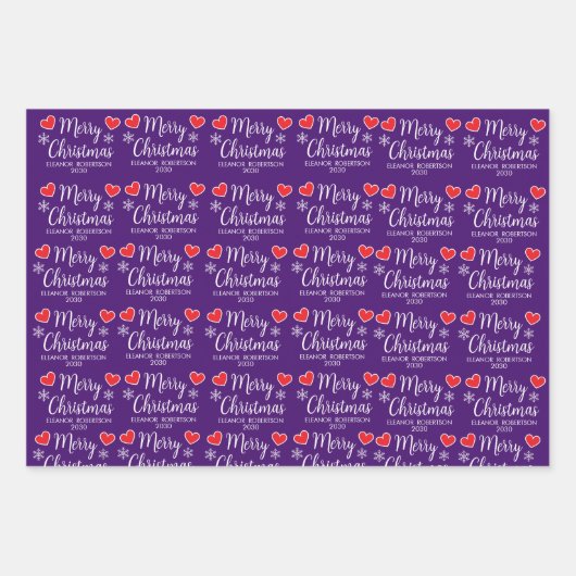 Purple Christmas Elegant Snowflake Heart Pattern Geschenkpapier Set (Vorderseite)
