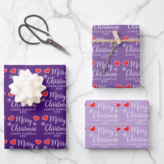 Purple Christmas Elegant Snowflake Heart Pattern Geschenkpapier Set (Vorderseite)