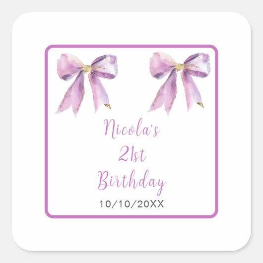 Purple Coquette Bow Birthday Party Quadratischer Aufkleber (Vorderseite)