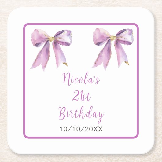 Purple Coquette Bow Birthday Party Rechteckiger Pappuntersetzer (Vorderseite)