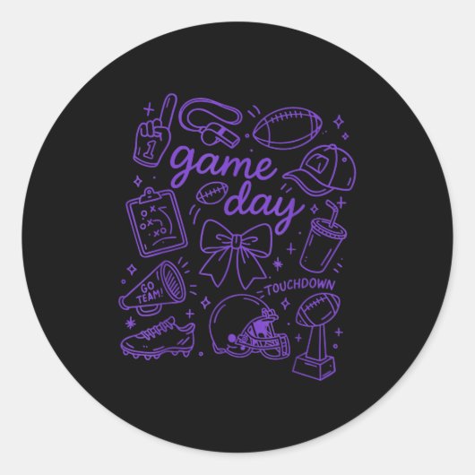 Purple Coquette Bow Cheer Game Day Doodle Touchdow Runder Aufkleber (Vorderseite)