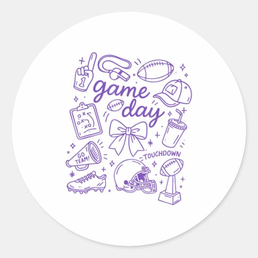 Purple Coquette Bow Cheer Game Day Doodle Touchdow Runder Aufkleber (Vorderseite)