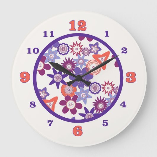 Purple/Coral Fantasy Flower Pattern Große Wanduhr (Vorderseite)