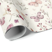 Purple Cream Butterflies Floral Birthday Geschenkpapier (Rolleneckpunkt)