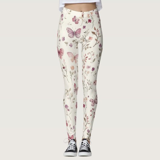 Purple Cream Butterflies Floral Leggings (Vorderseite)