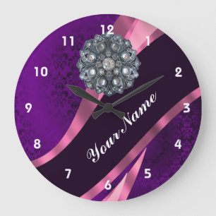 Purple damask & crystal große wanduhr