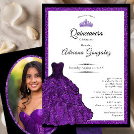 Purple Dress and Tiara Custom Photo Quinceanera Einladung