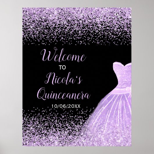 Purple Dress Faux Glitter Quinceanera Welcome Poster (Vorne)