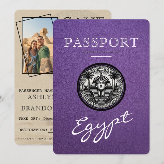 Purple Egypt Passport Wedding Save the Date (Vorne/Hinten)