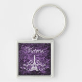 Purple Eiffel Tower Grunge Square Keychain Schlüsselanhänger (Vorne)