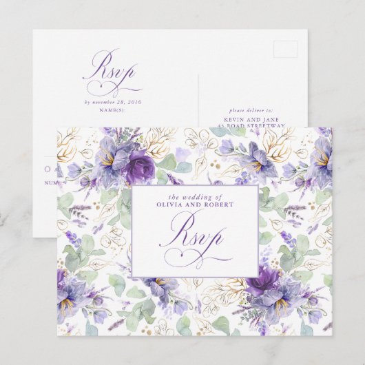 Purple Elegant Botanical Wedding RSVP Postcard Postkarte (Vorne/Hinten)