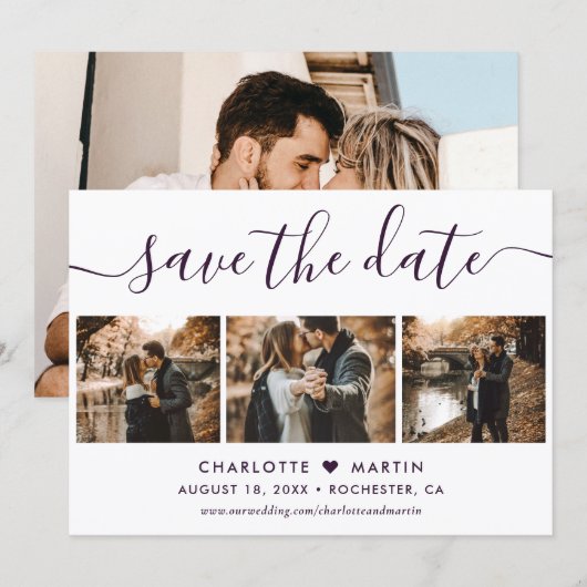 Purple Elegant Modern Script 4 Photo Wedding Save The Date (Vorne/Hinten)