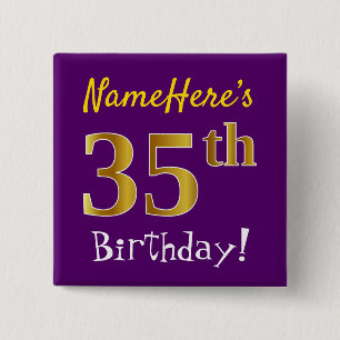 Purple, Faux Gold 35th Birthday, With Custom Name Button