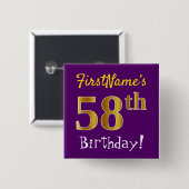 Purple, Faux Gold 58th Birthday, With Custom Name Button (Vorne & Hinten)