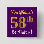Purple, Faux Gold 58th Birthday, With Custom Name Button (Vorderseite)