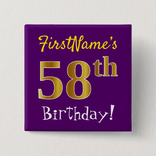Purple, Faux Gold 58th Birthday, With Custom Name Button (Vorderseite)