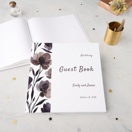 Purple Floral Botanical Wedding Gästebuch (Vorderseite offen)