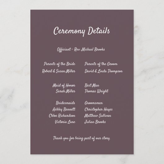 Purple Floral Botanical Wedding Programm (Rückseite)