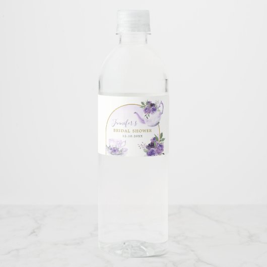 Purple Floral Bridal Shower Tea Water Bottle Label Wasserflaschenetikett (Vorderseite)
