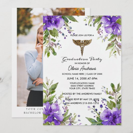 Purple Floral BSN Nursing Graduation Invitation |  Einladung (Vorne/Hinten)