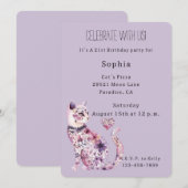 Purple Floral Cat Birthday   Einladung (Vorne/Hinten)