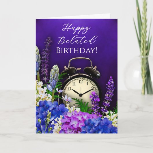 Purple Floral Clock Belated Birthday Card Karte (Vorderseite)